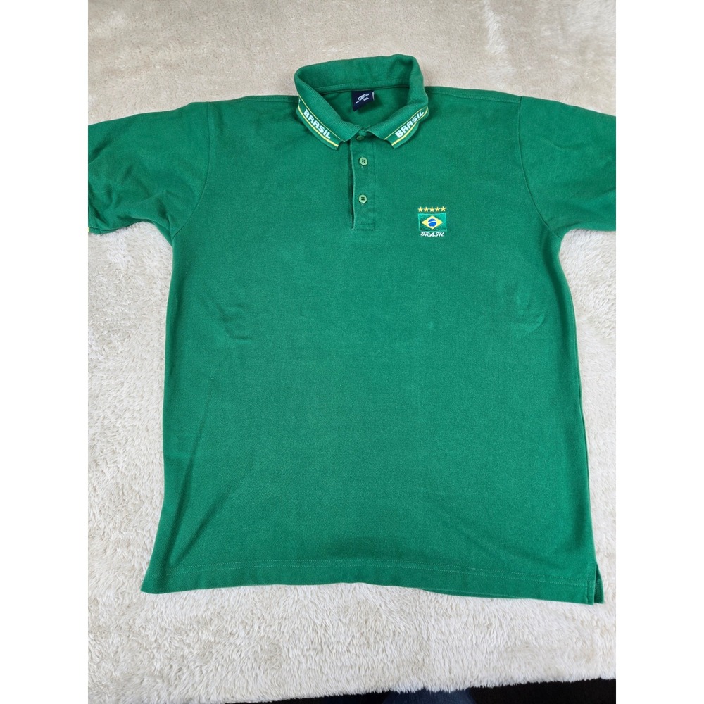 Pierim Brazil Soccer Polo Shirt Mens Large Green‎ Embroidered Brasil Flag Pique